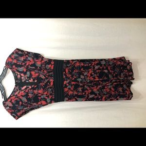 Navy and red floral dress with attached tie belt